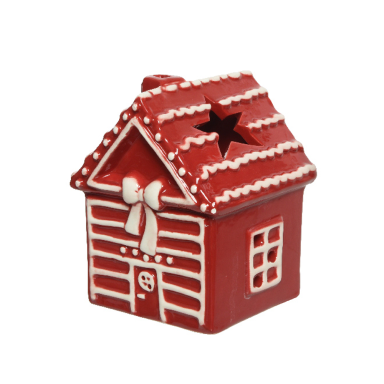 Porceleinen theelichthouder - Huis - Rood met witte accenten