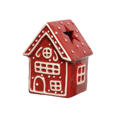Porceleinen theelichthouder - Huis - Rood met witte accenten