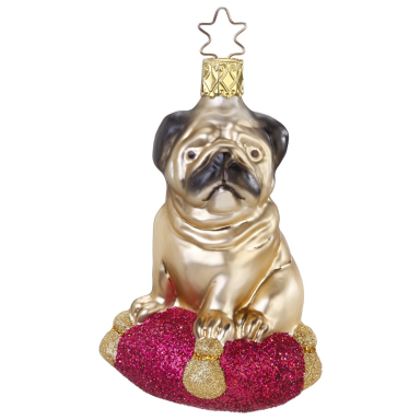 Inge Glas kerstornament - Mops hond - Op kussen