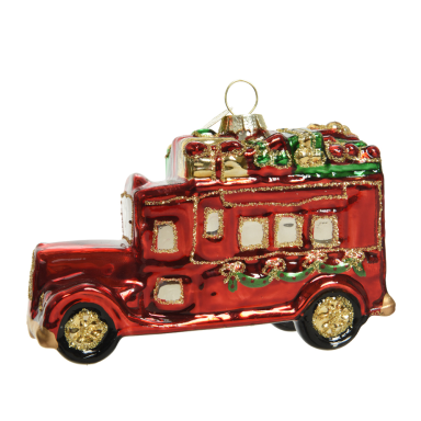 Glazen kerstbal - Auto met cadeautjes - Met glitters - Rood