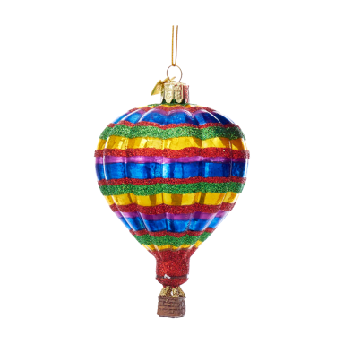 Glazen kleurrijke hete luchtballon kerstbal met horizontale strepen