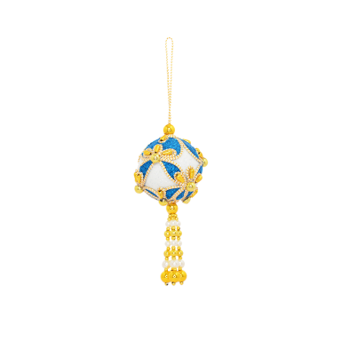 Delfts Blauw bal ornament met wit en gouden parels