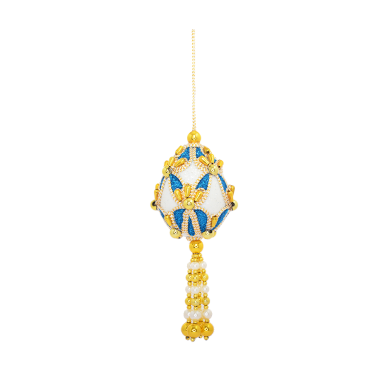 Delfts Blauw ei ornament met wit en gouden parels