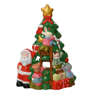 Terracotta theelichthouder - Kerstboom en kerstman