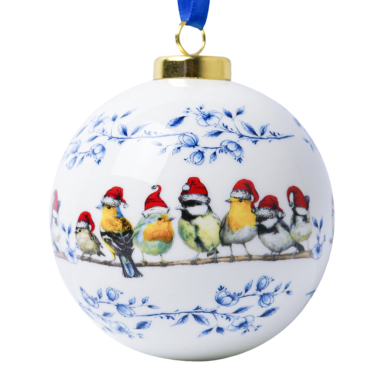 Heinen kerstbal - Met bosvogels met kerstmuts - 8cm