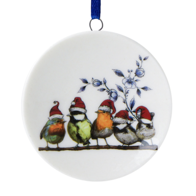 Heinen kerstornament - Schotel - Vogels met kerstmuts