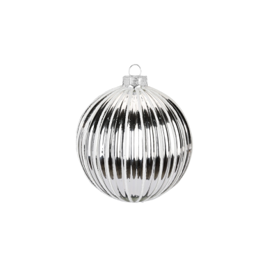 Glazen zilveren kerstbal met verticale lijnen