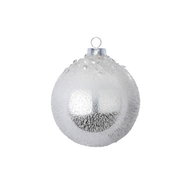 Glazen zilveren kerstbal met frost en parels