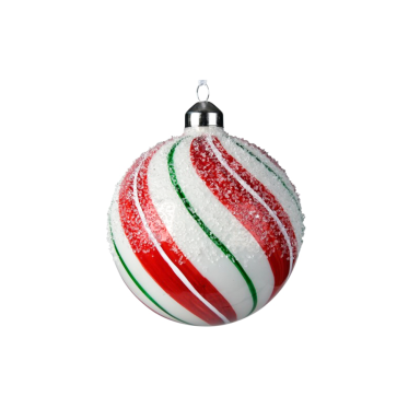 Glazen kerstbal - Met rood-groene swirl en sneeuw - Wit - 10cm