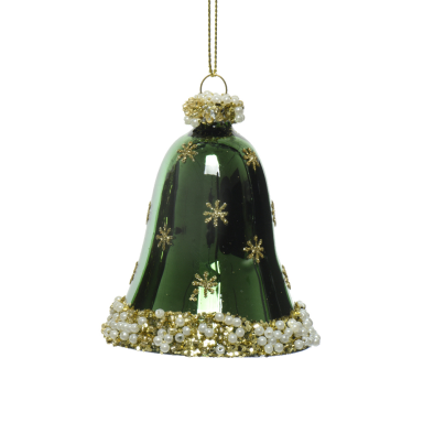 Glazen kerstklok - Groen met parels - Met glitter sterren - 8cm