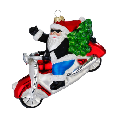 Inge Glas kerstornament - Kerstman op motor
