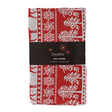Decoris tafelloper - Met kerstpatroon - Rood en wit
