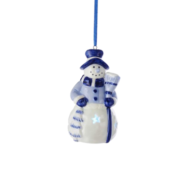 Porseleinen Delfts Blauwe sneeuwpop met bezem en LED