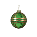 Glazen groen-transparante kerstbal met horizontale en verticale gouden lijnen